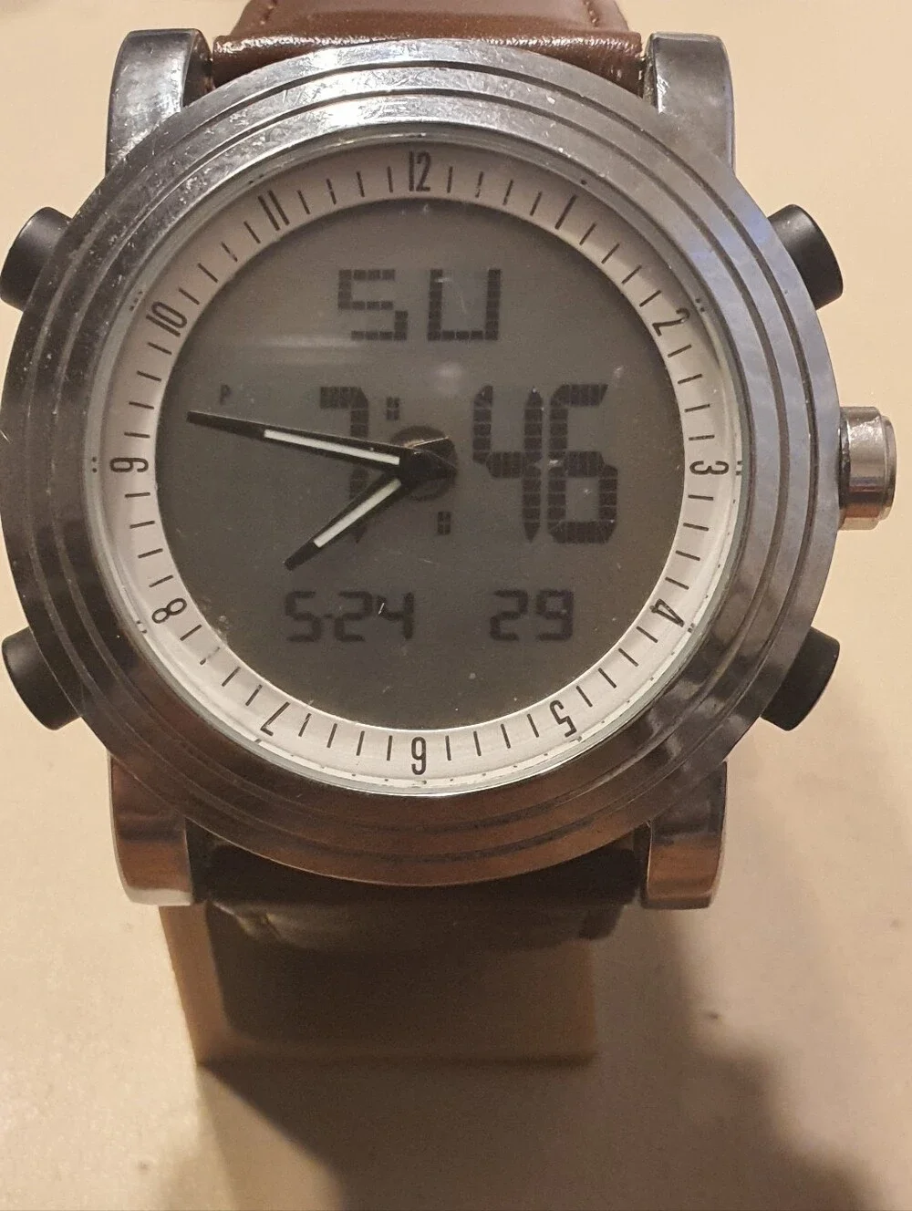 10/$20 Sinobi Silver/Leather Analog/Digital Alarm Chrono Men's Watch